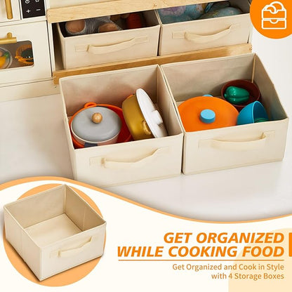 Play Kitchen for Kids, Wooden Play Kitchen with Fabric Storage Bins, Sink and Burner, Microwave Oven, Toy Kitchen Set with Plenty of Play Features Accessories, Gifts for Ages 3-8