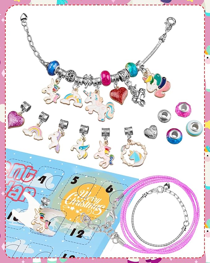 Advent Calendar 2024 Girls Unicorn Charm Bracelets Making Kit, 24 Days of Christmas Advent Calendars for Teens Kids Age 6-12, Unicorns Gifts for Girls 6 7 8-10 Girl Craft Toys Countdown Calender.