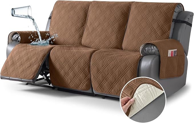 TAOCOCO 100% Waterproof Recliner Sofa Covers 3 Seater Split Couch Covers for 3 Cushion Reclining Couch with Straps, Non Slip Reclining Sofa Covers Furniture Protector for Kids Pets(3 Seater, Brown)