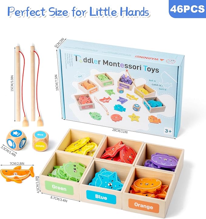 Montessori Toys for Toddlers 1-3,Wooden Magnetic Fishing Game Educational Shape & Color Sorting for Kid 3-5,Boy Girl Preschool Learning Motor Skill Matching Activities Toys for Ages 2-4(Box)
