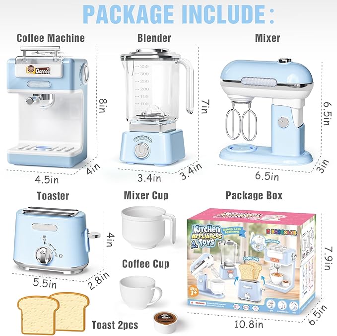 Pretend Play Kitchen Appliances Toy Set with Realistic Coffee Maker Machine, Toaster, Mixer and Blender, Kids Kitchen Playset with Sound & Light for Kids Age 3–5 4-8
