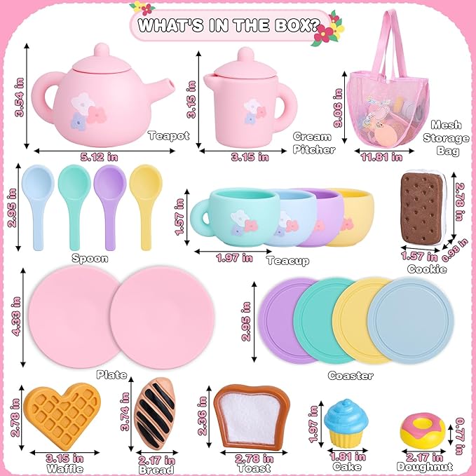 Silicone Tea Party Set for Little Girls,PRE-WORLD 25PCS Toys Toddler Tea Set with Play Food Dessert Cookies,Doughnut,Cake,Carrying Bag,Kids Kitchen Pretend Role Gifts for Girls Boys Age 3 4 5 6