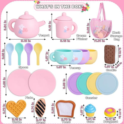 Silicone Tea Party Set for Little Girls,PRE-WORLD 25PCS Toys Toddler Tea Set with Play Food Dessert Cookies,Doughnut,Cake,Carrying Bag,Kids Kitchen Pretend Role Gifts for Girls Boys Age 3 4 5 6