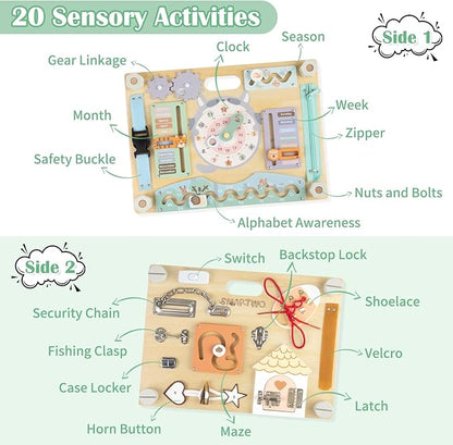 Double-Sided Wooden Busy Board for Toddlers, Sensory Activity Board, Montessori Travel Toy for Kids Age 2-5, Educational Toy for Autism, Ideal Choice for Baby Girls or Boys Birthday
