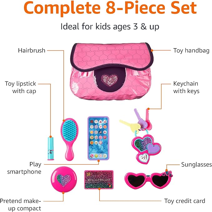 Amazon Basics 8-Piece Pretend Play Purse Toy with Accessories for Girls Ages 3 and Up, Kids Toy Handbag Gift Set Including Smartphone, Sunglasses, Pretend Makeup Kit, Keys and Credit Card, Pink