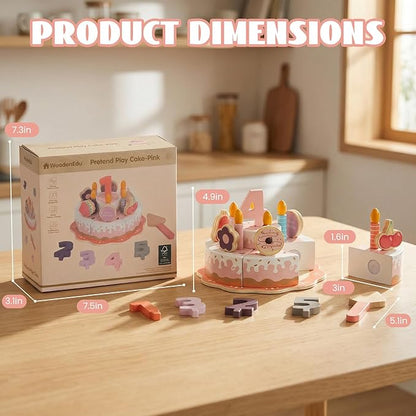 Pretend Play Food for Toddlers 2-5, Wooden Birthday Fake Cake with Candles and Numbers,Tea Party Learning Kitchen Gift Toys for Boys Girls (Pink Cake)