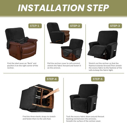 AZON Velvet Stretch Recliner Chair Cover,1-Piece Washable Recliner Couch Cover with Elastic Furniture Protector for Pets, Kids(Recliner, Black)