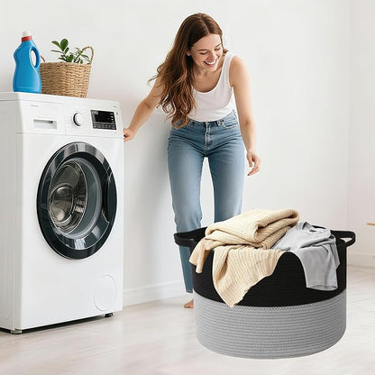 90L Large Blanket Basket, 21.7"x 21.7"x 13.8" Rope Woven Storage Basket with Handles, Laundry Hamper for Toys,Clothes,Pillows & Towels,Perfect for Living Room,Bedroom,Black&Light Grey