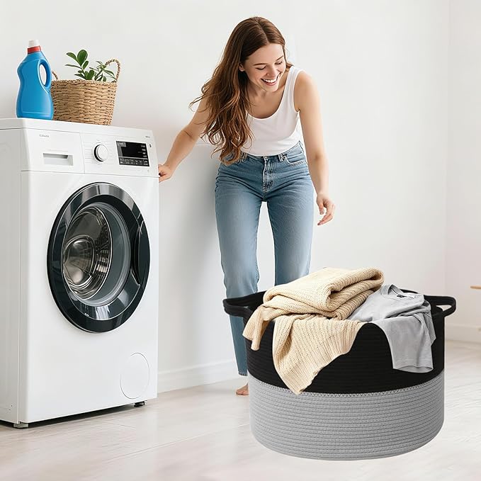 65L Large Blanket Basket, 19.7" L x 19.7" W x 13" H Rope Woven Storage Basket,Laundry Hamper for Toys, Clothes, Pillows,Towels, Perfect for Living Room, Nursery & Bedroom,Black&Light Grey