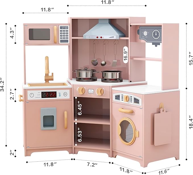 TaoHFE Play Kitchen with Lights and Sounds Pink Kids Kitchen Toddler Kitchen Set with Washer Chalkboard Wooden Kitchen Kids Playset with Washing Machine Range Hood Girls Boys Gift for Ages 3+