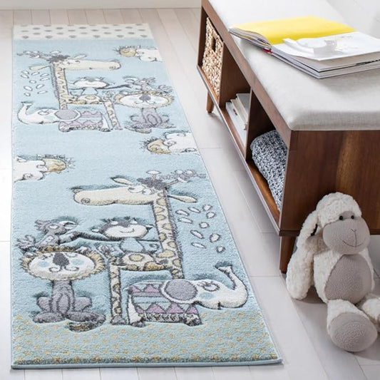 SAFAVIEH Carousel Kids Collection Runner Rug - 2' x 8', Ivory & Blue, Animal Design, Non-Shedding & Easy Care, Ideal for High Traffic Areas for Boys & Girls in Playroom, Nursery, Bedroom (CRK185A)