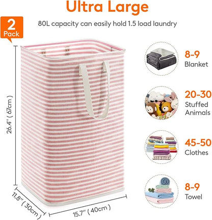 Lifewit 2 Pack Laundry Basket 80L Each, Collapsible Clothes Hamper with Reinforced Handles, Freestanding Waterproof Design for Bedroom and Laundry Room, Pink 160L Total