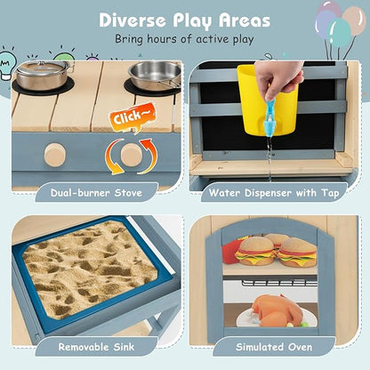Costzon 2 in 1 Mud Kitchen, Fir Wood Outdoor Play Kitchen & Grocery Store w/Removable Sink, Water Box & Faucet, Stoves, Storage Bag, Metal Baskets, Double-Sided Kids Kitchen Playset for Boys Girls 3+