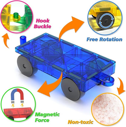 Magnetic Tiles Cars Construction Set, 4 PCS Magnetic Cars Magnetic Building Blocks Cars Toy for Kids Ages 4-8 3-5 Magnet Bricks Truck Kit Educational Sensory Toys Gifts for 3+ Year Old Boys & Girls