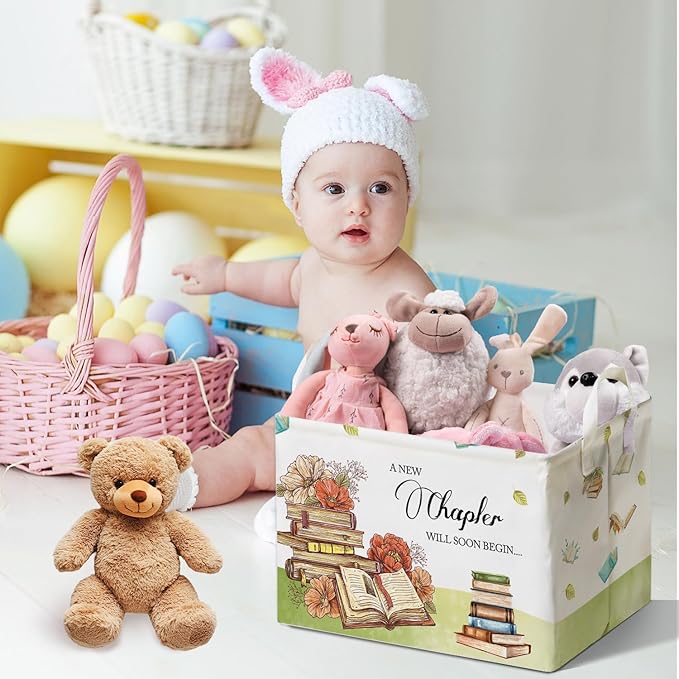 Book Theme Foldable Storage Basket with Handles, Waterproof Fabric Organizer Boxes for Toy and Book Storage, Cube Box for Nursery and Study Room, Gifts for Boys and Girls, Cute Bookshelf Decor