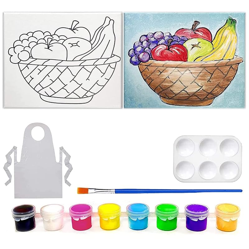 Indigo Art Studio Pre Drawn Canvas Paint Kit for Adults Kids Couples | Stretched & Stenciled | Art Activity | Fruit Bowl Still Life | Birthday & Sip and Paint With Twist Party Favor (8x10 Inches)