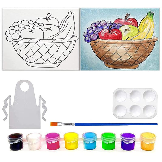 Indigo Art Studio Pre Drawn Canvas Paint Kit for Adults Kids Couples | Stretched & Stenciled | Art Activity | Fruit Bowl Still Life | Birthday & Sip and Paint With Twist Party Favor (8x10 Inches)