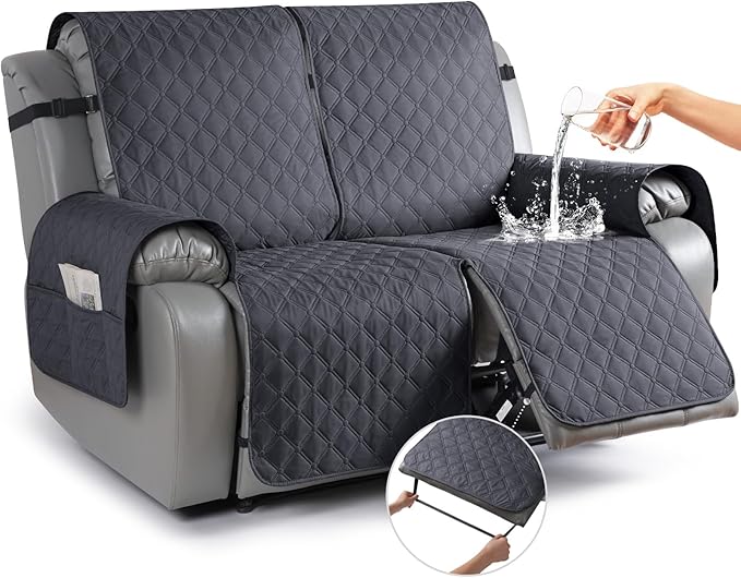 TAOCOCO 100% Waterproof Recliner Covers, Recliner Sofa Covers with Leg Straps, Reversible Recliner Couch Cover for Reclining Chair, Washable Couch Protector for Pets Kids(2 Seater, Charcoal Gray)
