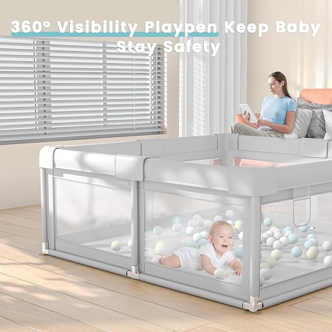 Hiaksedt 50 x 50 inch Baby Playpen with Ocean Balls and Pull Rings, Playpen for Babies and Toddlers, Baby Fence Playards, Safe Structure and Soft, Skin-Friendly Fabric with Zipper Gates.