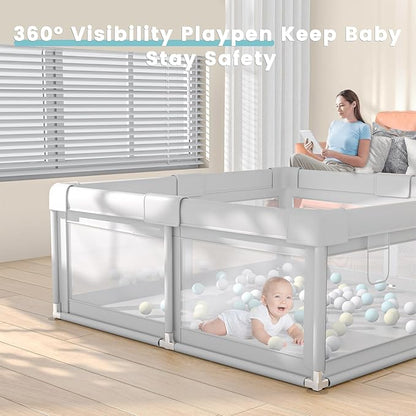 Hiaksedt 50 x 50 inch Baby Playpen with Ocean Balls and Pull Rings, Playpen for Babies and Toddlers, Baby Fence Playards, Safe Structure and Soft, Skin-Friendly Fabric with Zipper Gates.