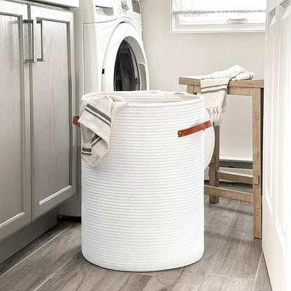 CHICVITA Tall Laundry Basket with Lid, White Clothes Laundry Hamper for Nursery, Cotton Rope Storage Basket for Clothes, Blankets, Toys, Laundry Bin, 15 x 20 inches