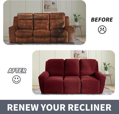 JIVINER Recliner Couch Cover, Jacquard 5 Piece Stretch Sofa Covers for 3 Cushion Reclining Lazy Boy Soft Washable Sofa Slipcovers Protector with Pockets (Recliner Sofa, Wine Red)