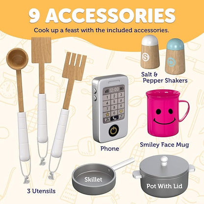 Play Kitchen - Wooden Kitchen Playset for Toddlers and Big Kids - Large Pretend Toy playset for Boys and Girls with Cooking Stove, Oven, Pots, Pans, Phone, Microwave, Fridge, Sink, Utensils - Ages 3-8