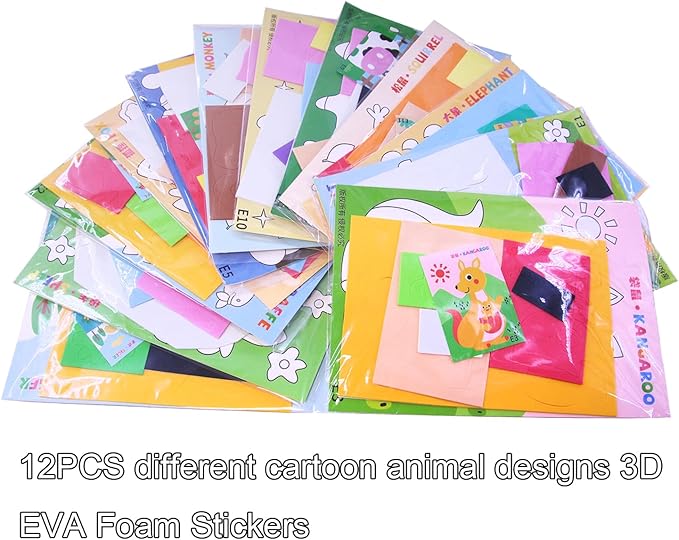 3D EVA Foam Stickers for Toddlers 12PCS Sticky Foam DIY Craft Preschool Art Class Drawing Sticker Puzzle Art Kit for Kids Boys Girls (Cartoon Animals A)