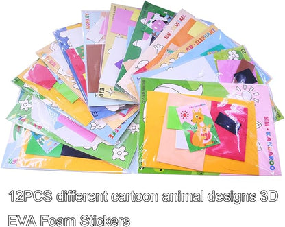 3D EVA Foam Stickers for Toddlers 12PCS Sticky Foam DIY Craft Preschool Art Class Drawing Sticker Puzzle Art Kit for Kids Boys Girls (Cartoon Animals A)