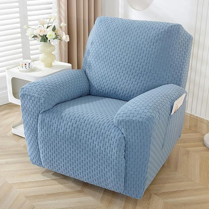 vctops 4 Pieces Jacquard Plush Recliner Slipcovers Stretch Soft Sofa Couch Cover Anti-Slip Solid Color Furniture Protector with Elastic Bottom for Kids Cats Dogs (Lake Blue,1 Seat)