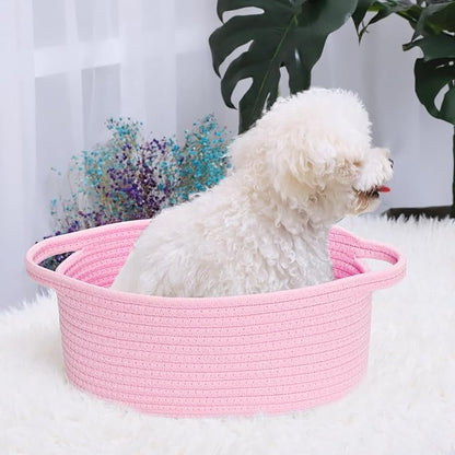 ABenkle Small Basket, 12"x 8" x 5" Cute Small Woven Basket, Rope Room Shelf Storage Basket, Cat Dog Toys Basket Chest Box, Decorative Empty Gift Basket with Handles - All PInk