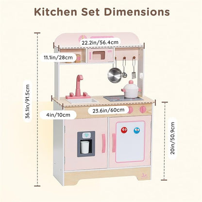 SainSmart Jr. Wooden Play Kitchen for Kids - Premium Toddler Pretend Play Cooking Set - Includes Stove, Refrigerator, and Accessories for Boys and Girls