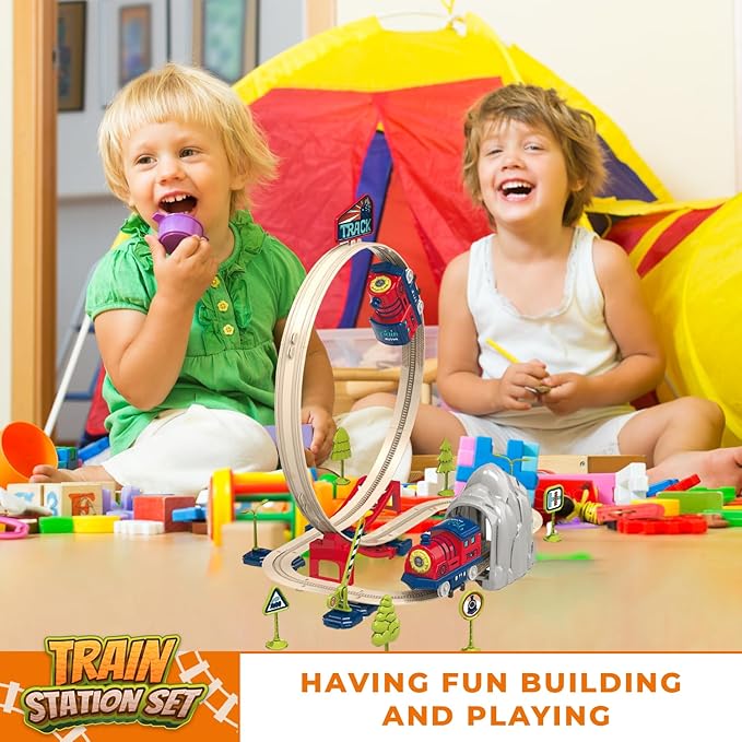 Electric Train Set for Toddlers 2-4 Kids Ages 3-5 - Railway Station with Loop, Bridge & Signs - DIY Montessori Educational Fun Trains Toy for Boys Girls Birthday Gift Train Set