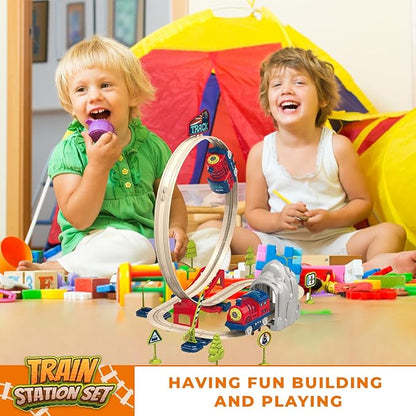 Electric Train Set for Toddlers 2-4 Kids Ages 3-5 - Railway Station with Loop, Bridge & Signs - DIY Montessori Educational Fun Trains Toy for Boys Girls Birthday Gift Train Set