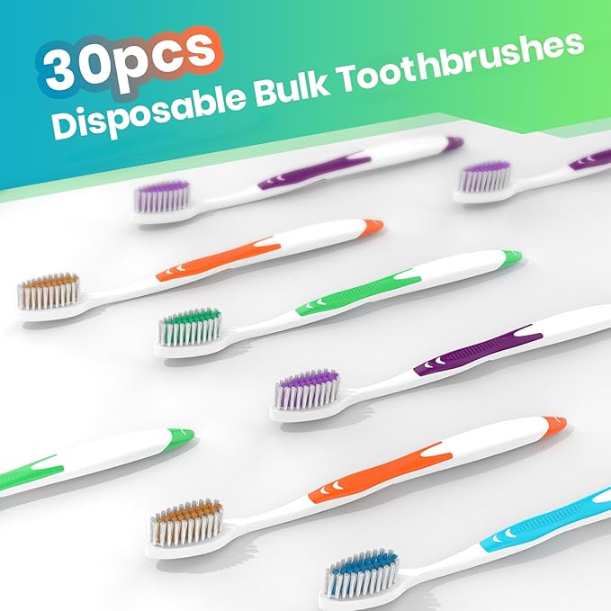 30 Pack Bulk Toothbrushes with Covers, Individually Wrapped Tooth Brush Pack for Adults & Kids, Disposable Toothbrush Medium Soft for Travel, Donations, Hotels