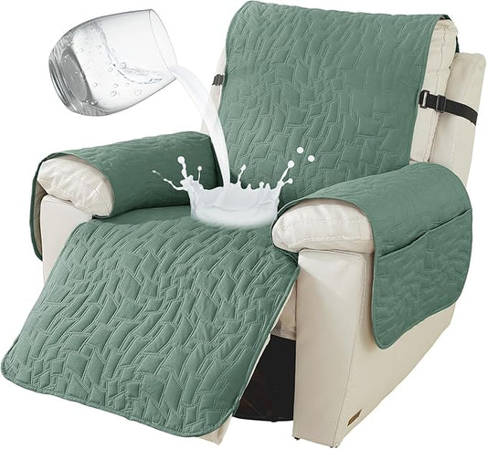 100% Waterproof Recliner Chair Covers for Reclining Chair, Small Recliner Covers That Stay in Place, Non-Slip Recliner Armchair Cover with Pockets for Kids, Pets, Dogs, Cat, Washable,Green,28I
