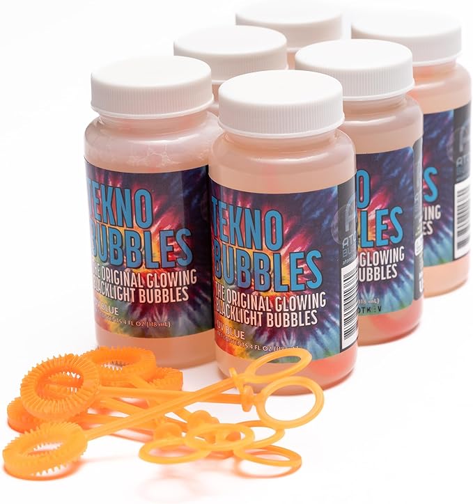 Atomic Bubbles: Tekno Bubbles - Blue 6 Pack - 4oz Bottles, UV Blacklight Glow Bubbles, Glow Parties, Indoor & Outdoor, Safe for Kids, Non-Toxic