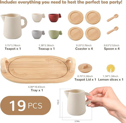 Silicone Tea Set Kids, Toddler Tea Sets for Little Girls 3-5, Pretend Party Play Toys Kitchen Accessories for Boys with Soft Teapot Cups Wooden Saucers