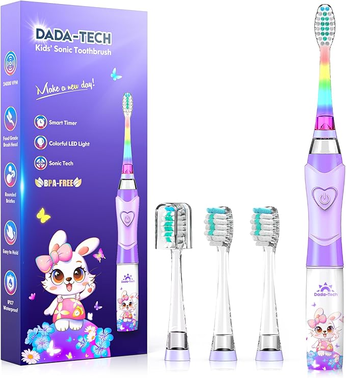 Kids Electric Toothbrush Toddler Toothbrush Age 2-4-8-12 Girls Electric Toothbrush with Timer Rainbow LED Light Up Vibrating Toothbrush Battery Operated Childrens Sonic Tooth Brush (Rabbit Purple)
