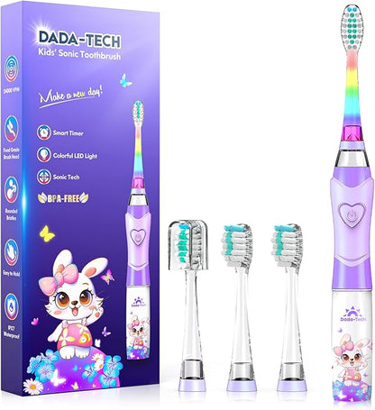 Kids Electric Toothbrush Toddler Toothbrush Age 2-4-8-12 Girls Electric Toothbrush with Timer Rainbow LED Light Up Vibrating Toothbrush Battery Operated Childrens Sonic Tooth Brush (Rabbit Purple)