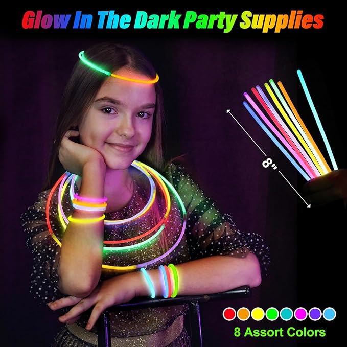 BUDI 500Pcs Glow Sticks Party Favors for Kids Adults GlowStick Bulk 8 Colors 8 Inch for Glow Necklace Bracelets Glasses Glow in the Dark Party Favor Halloween Party Decorations Halloween Party Favors