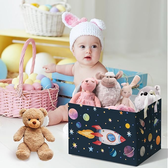 Rocket Storage Basket with Handles, Rockets Foldable Space Organizer, Waterproof Toy Box for Boys Girls, Multi Storage Container for Nursery Room, Rocket Storage for Clothes, Gifts and Home Decor