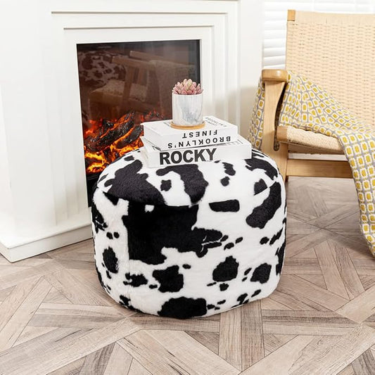 Asuprui Pouf Ottoman Unstuffed, Faux Rabbit Fur Cover, No Filler, 18" Round, Black and White