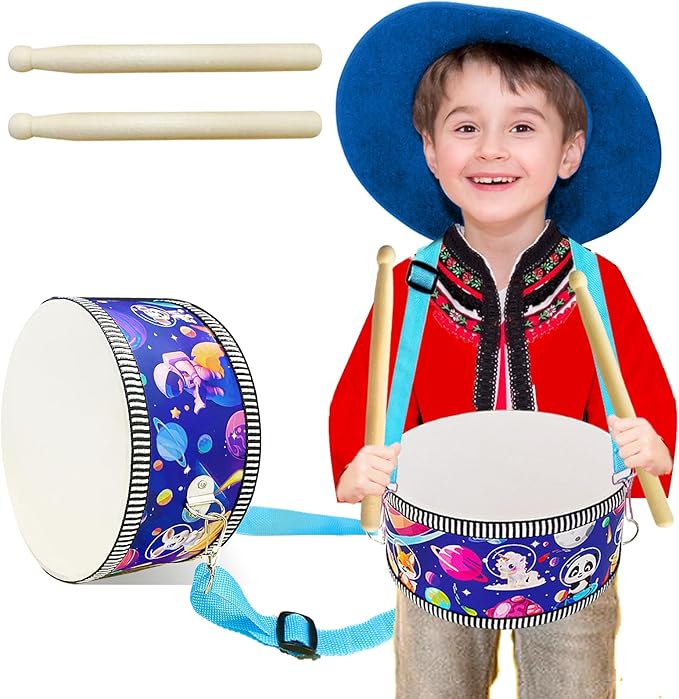 Kid Drum Set,8 Inch Wooden Drum Toys,Sensory Educational Musical Instrument Toy with Adjustable Strap,2 Drumsticks for Toddler,Baby Girls Boys, Astronauts Animals Dinosaurs