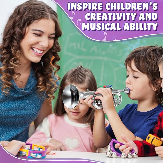 Lewtemi Silver Trumpet Musical Instruments Toy for Kid Toddler Fake Plastic Preschool Music Toy Gift Portable Wind Instrument Early Educational Teaching Songs Gifts for Toddlers Children