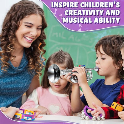 Lewtemi Silver Trumpet Musical Instruments Toy for Kid Toddler Fake Plastic Preschool Music Toy Gift Portable Wind Instrument Early Educational Teaching Songs Gifts for Toddlers Children