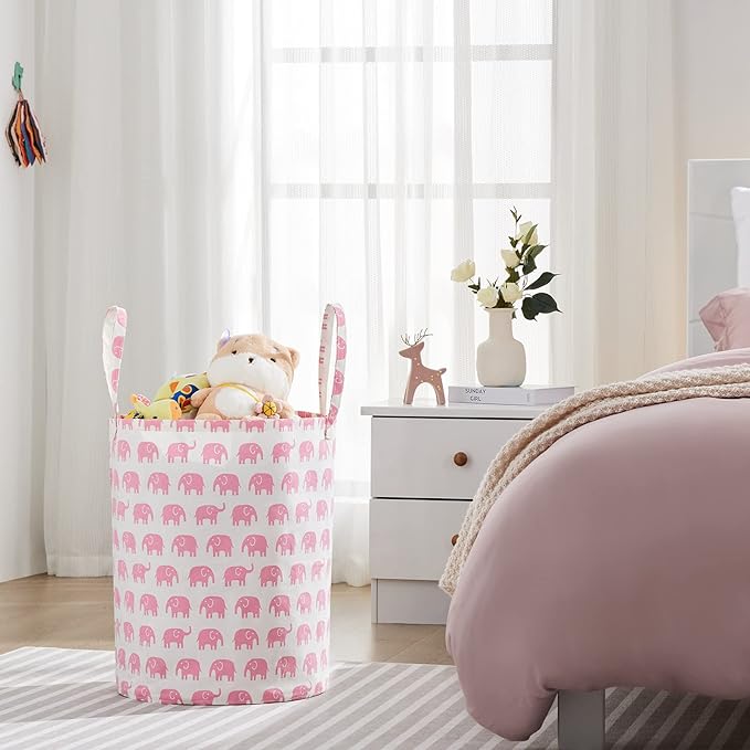 TECHMILLY Large Storage Basket for Girls and Boys, Collapsible Laundry Hamper with Long Handles, Toy Bins for Nursery, Kids Room Décor (Pink Elephant, 2 Pack)