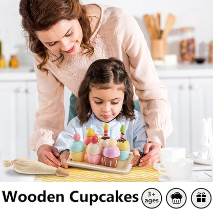 HERSITY Wooden Cupcakes Toys Pretend Play Food Desserts Kids Baking Set, Kitchen Playset for Toddlers 3-5, Tea Party for Little Girls Cooking Games Age 3 4 5 Years Old Girls Boys