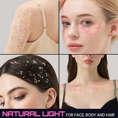 Teenitor Pink Glitter Glow in The Dark Glitter Gel, Pink Face Glitter Gel, Body Glitter Hair Glitter for UV Black Light Glow Party Raves Concerts