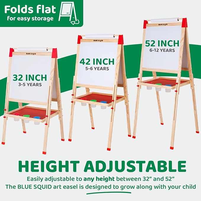 Blue Squid Art Easel for Kids - Dual-Sided Adjustable Wooden Painting Easels, Ideal Christmas Gift for Toddlers and Kid - with Magnetic Chalk Board, White Board & Paper Roll, Includes Accessories